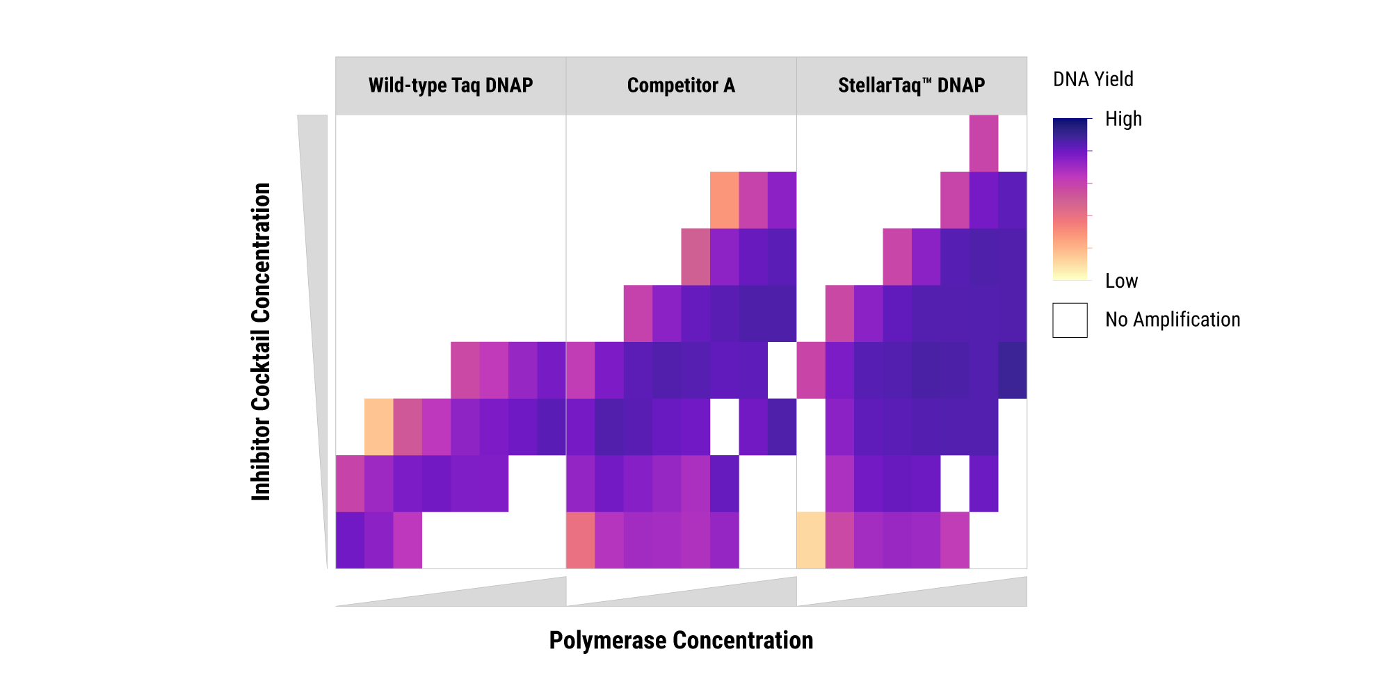 Figure 1. Enable amplification of challenging sample types with inhibitor-tolerant StellarTaq. A probe-based qPCR assay was employed in the presence of increasing inhibitors with wild-type (WT) Taq DNA Polymerase (DNAP), Competitor A engineered Taq, and StellarTaq DNAP. As the inhibitor cocktail concentration is increased, DNA yields decrease for WT Taq. In contrast, StellarTaq exhibits extreme inhibitor tolerance — retaining robust DNA amplification.