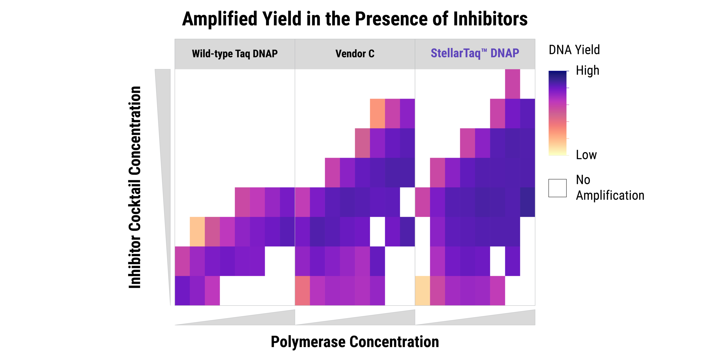 Figure 1. Enable amplification of challenging sample types with inhibitor-tolerant StellarTaq. A probe-based qPCR assay was employed in the presence of increasing inhibitors with wild-type (WT) Taq DNA Polymerase (DNAP), Competitor A engineered Taq, and StellarTaq DNAP. As the inhibitor cocktail concentration is increased, DNA yields decrease for WT Taq. In contrast, StellarTaq exhibits extreme inhibitor tolerance — retaining robust DNA amplification.